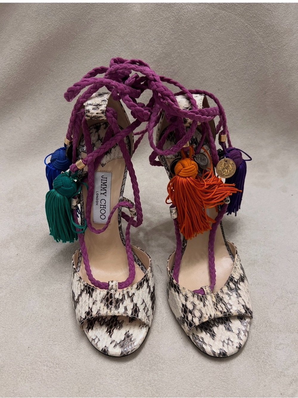 Jimmy Choo Purple Lace-Up Snakeskin Tassel Heels